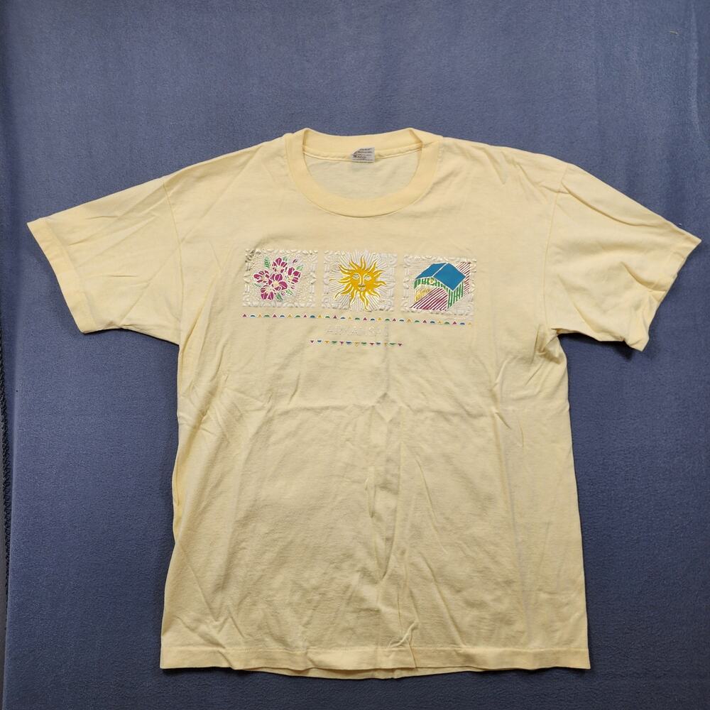 Vintage Womens Top XL Yellow ARKANSAS Short Sleeve Single Stitch Floral Sun USA